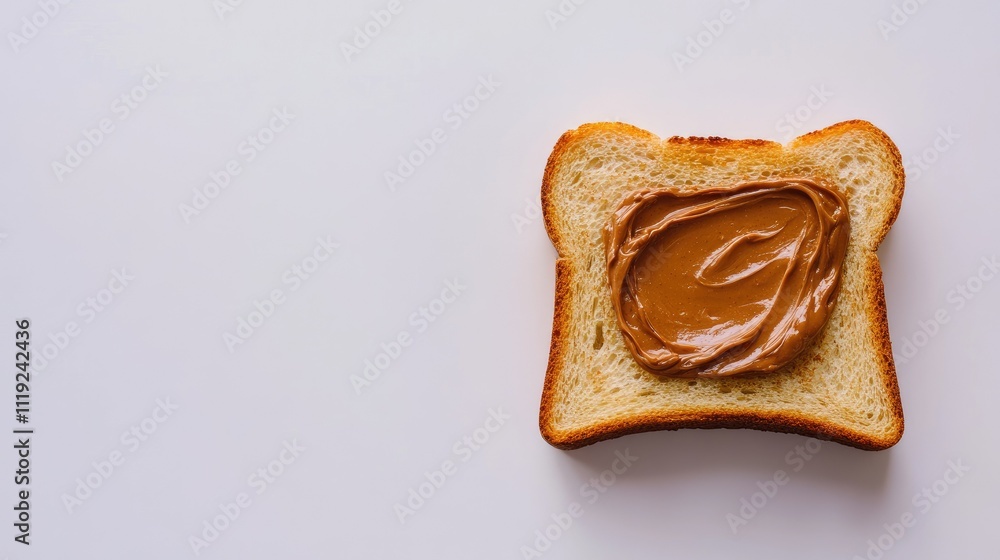 Top view of a single toast bread slice with creamy chocolate hazelnut spread on a smooth white background. Top view of a single toast bread slice with creamy chocolate hazelnut spread on a smooth white background.