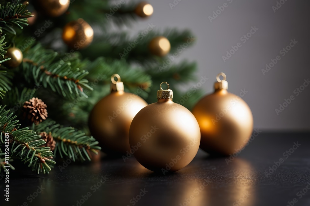 there are three golden christmas ornaments on a table next to a christmas tree there are three golden christmas ornaments on a table next to a christmas tree
