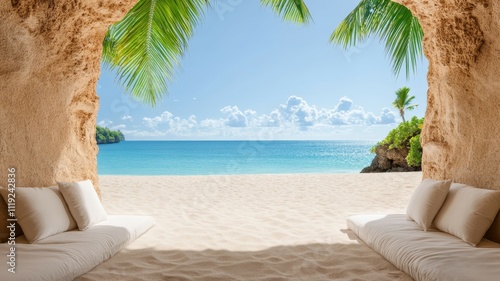 Tranquil tropical beach getaway hideaway with cushioned lounges for ultimate relaxation and serenity.