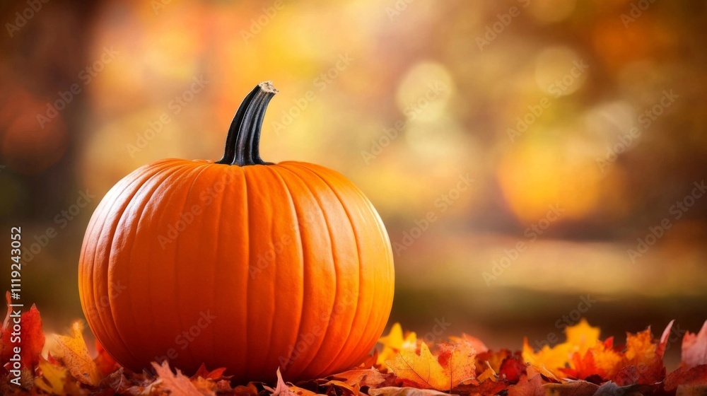 Naklejka premium A vibrant pumpkin stands out against a backdrop of colorful fall leaves.