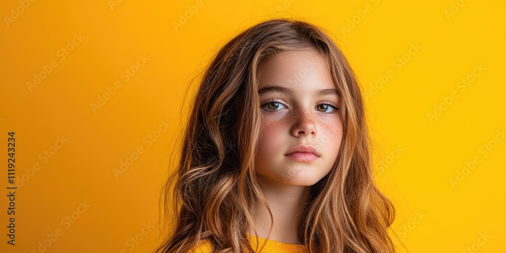Portrait of a teenage girl set against a vibrant yellow background, captured in a studio environment. The image showcases her youth and personality vividly. Portrait of a teenage girl set against a vibrant yellow background, captured in a studio environment. The image showcases her youth and personality vividly.