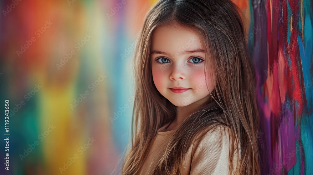 Portrait of a little girl with long brown hair, gazing at the camera, stands against a colorful background, perfect for showcasing the innocence and charm of childhood. Photo style with copy space. Portrait of a little girl with long brown hair, gazing at the camera, stands against a colorful background, perfect for showcasing the innocence and charm of childhood. Photo style with copy space.