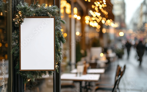 Wallpaper Mural festive blank poster frame adorned with greenery, set in cozy street scene filled with warm lights and outdoor seating Torontodigital.ca