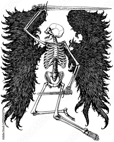 Black and white vector illustration of winged skeleton with sword and dagger