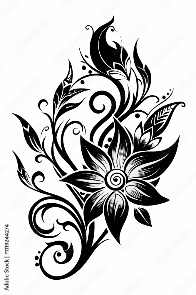 ornamental floral design, black and white illustration, swirling patterns, elegant curves, abstract flowers, mandala design, vintage style, minimalist artwork ornamental floral design, black and white illustration, swirling patterns, elegant curves, abstract flowers, mandala design, vintage style, minimalist artwork