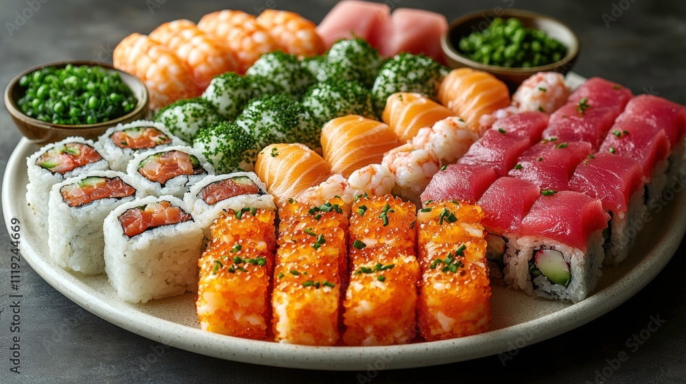 Family-Style Sushi Set with Colorful Rolls, Nigiri, and Maki on a Rustic Bamboo Board for Cozy Group Dining Family-Style Sushi Set with Colorful Rolls, Nigiri, and Maki on a Rustic Bamboo Board for Cozy Group Dining