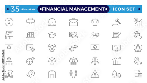 Financial Management outline icon set. Containing investor, mutual fund, asset, risk management, economy, financial gain, interest, Investment, Profit, Investor, risk.  Editable stroke outline icon.