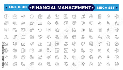 Financial Management outline icon set. Containing investor, mutual fund, asset, risk management, economy, financial gain, interest, Investment, Profit, Investor, risk.  Editable stroke outline icon.