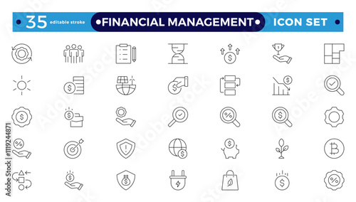 Financial Management outline icon set. Containing investor, mutual fund, asset, risk management, economy, financial gain, interest, Investment, Profit, Investor, risk.  Editable stroke outline icon.