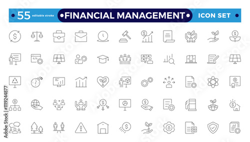 Financial Management outline icon set. Containing investor, mutual fund, asset, risk management, economy, financial gain, interest, Investment, Profit, Investor, risk.  Editable stroke outline icon.