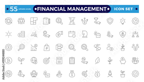 Financial Management outline icon set. Containing investor, mutual fund, asset, risk management, economy, financial gain, interest, Investment, Profit, Investor, risk.  Editable stroke outline icon.