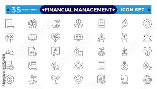 Financial Management outline icon set. Containing investor, mutual fund, asset, risk management, economy, financial gain, interest, Investment, Profit, Investor, risk.  Editable stroke outline icon.
