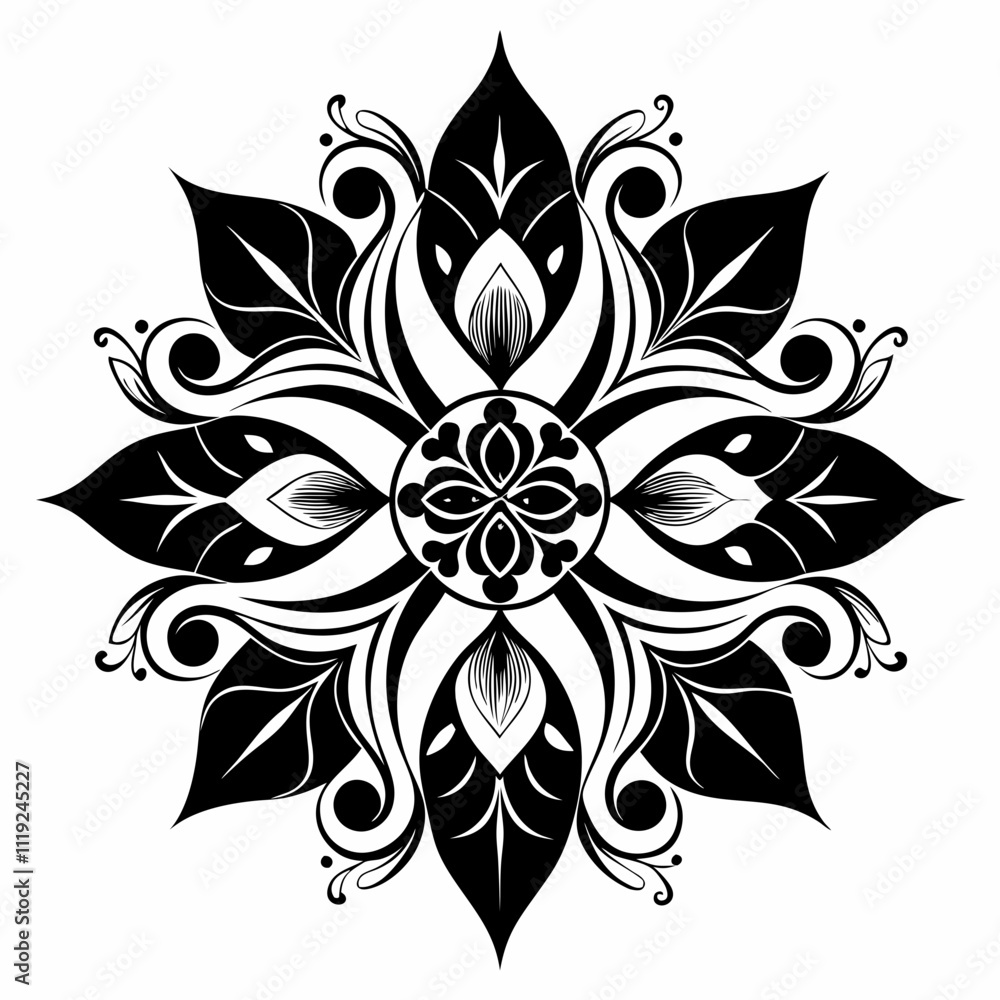 abstract floral design, black and white, symmetrical pattern, stylized flowers, elegant swirls, graphic elements, artistic motif, minimalist decor, botanical theme, modern illustration, mandala vector abstract floral design, black and white, symmetrical pattern, stylized flowers, elegant swirls, graphic elements, artistic motif, minimalist decor, botanical theme, modern illustration, mandala vector