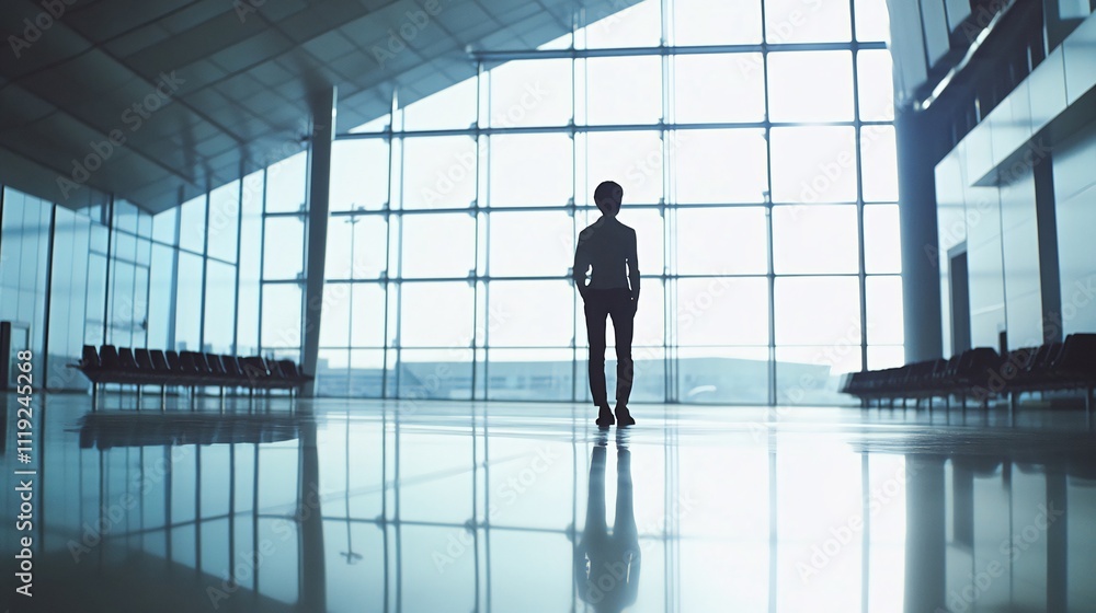 Silhouette of a person standing in a modern airport terminal, looking out a large window. generative ai Silhouette of a person standing in a modern airport terminal, looking out a large window. generative ai