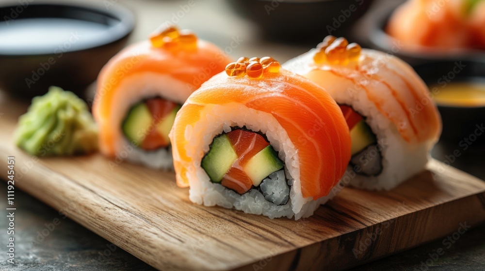 Artistic Presentation of Sushi Platter with Salmon, Tuna, and Avocado Rolls, Garnished with Sesame Seeds and Wasabi on Black Stone Plate Artistic Presentation of Sushi Platter with Salmon, Tuna, and Avocado Rolls, Garnished with Sesame Seeds and Wasabi on Black Stone Plate
