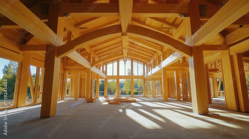 Naklejka premium Wide-angle view of the interior frame of a new wooden house under construction, with exposed beams and natural light streaming in