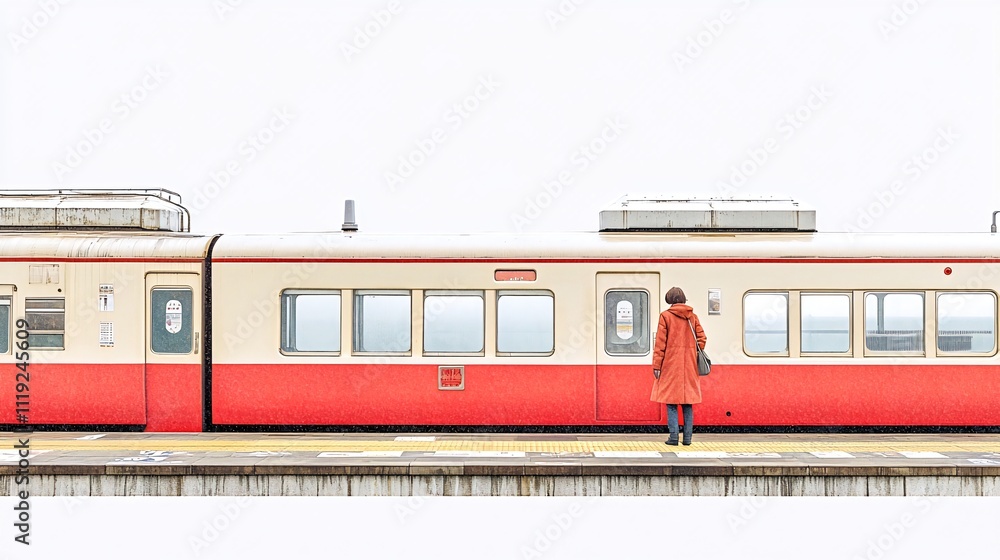 Fototapeta premium Woman in red coat waits at a train station platform. Generative ai