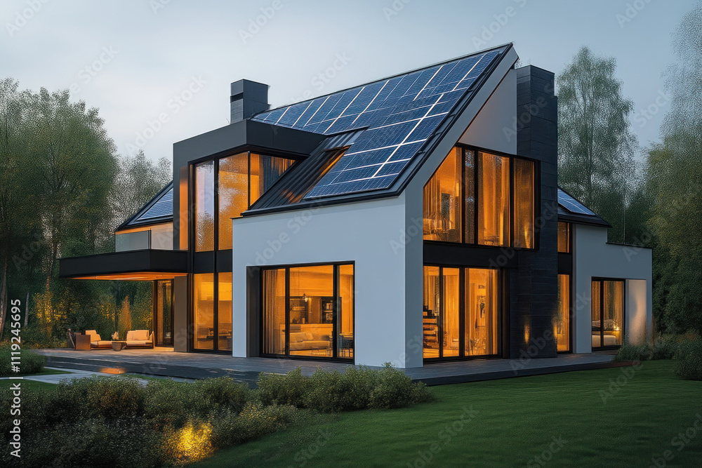 Modern house with solar panels at dusk. Modern house with solar panels at dusk.
