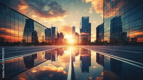 Modern office building or business center. High-rise window buildings made of glass reflect the clouds and the sunlight. empty street outside  wall modernity civilization. growing up business