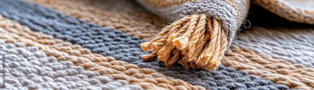 Close-Up of Handwoven Rug: Detailed View of Intricate Knotted Fringe Design Close-Up of Handwoven Rug: Detailed View of Intricate Knotted Fringe Design