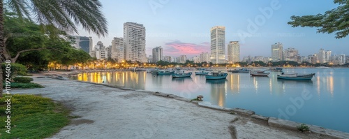 A serene waterfront view with boats and city skyline at dusk. photo