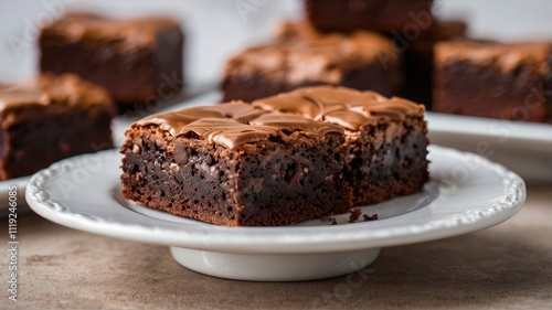 Brownies Kukus or Chocolate Steam Cake Brownies with marble chocolate glaze on top. Served in white ceramics pllate. Selective focus, white background