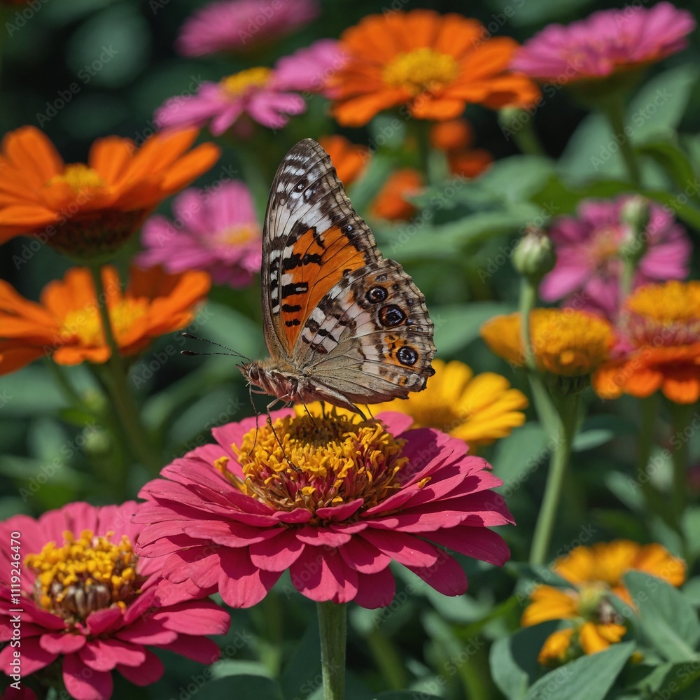 A butterfly resting on a brightly colored zinnia in a flower bed. A butterfly resting on a brightly colored zinnia in a flower bed.