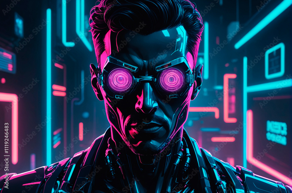 Man with robotic eyes, illustration, neon aesthetics, neo-noir, cyberpunk. Generative AI. Man with robotic eyes, illustration, neon aesthetics, neo-noir, cyberpunk. Generative AI.