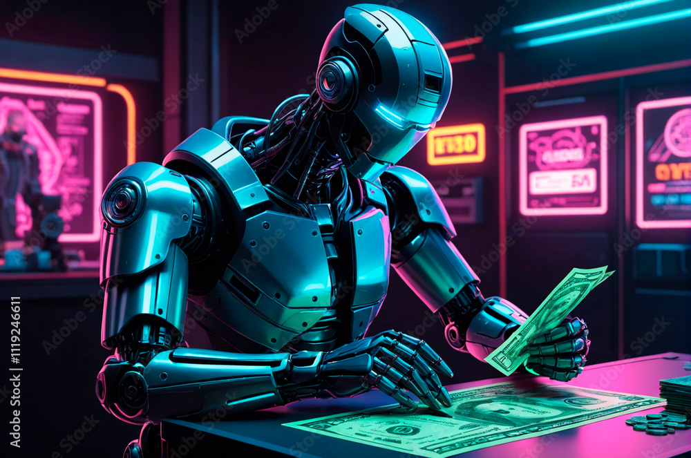 Robot counts the money, illustration, neon aesthetics, neo-noir, cyberpunk. Generative AI. Robot counts the money, illustration, neon aesthetics, neo-noir, cyberpunk. Generative AI.