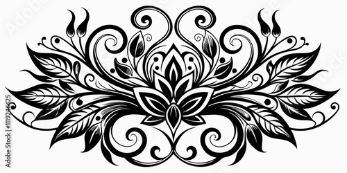 abstract floral design, black and white, symmetrical pattern, stylized flowers, elegant swirls, graphic elements, artistic motif, minimalist decor, botanical theme, modern illustration, mandala vector