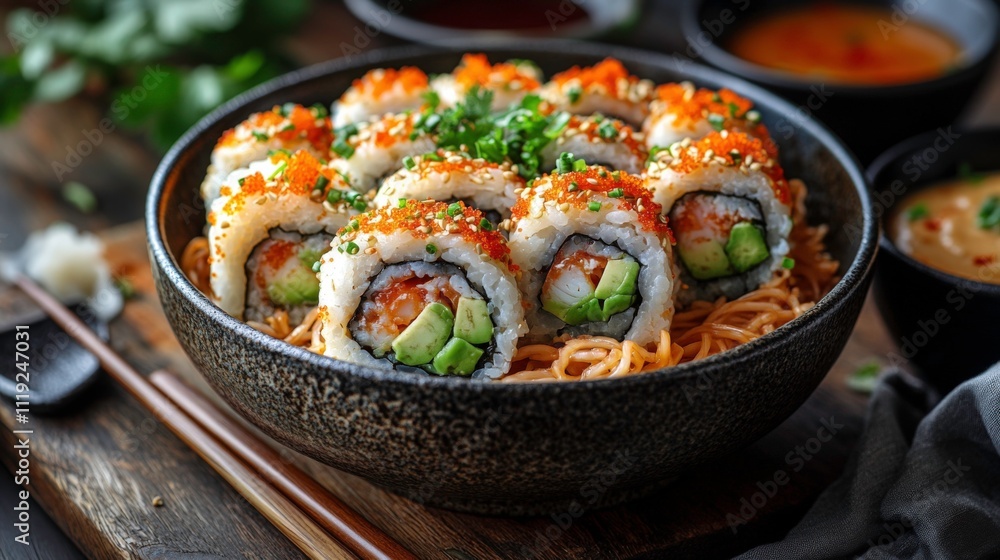Artistic Presentation of Sushi Platter with Salmon, Tuna, and Avocado Rolls, Garnished with Sesame Seeds and Wasabi on Black Stone Plate Artistic Presentation of Sushi Platter with Salmon, Tuna, and Avocado Rolls, Garnished with Sesame Seeds and Wasabi on Black Stone Plate