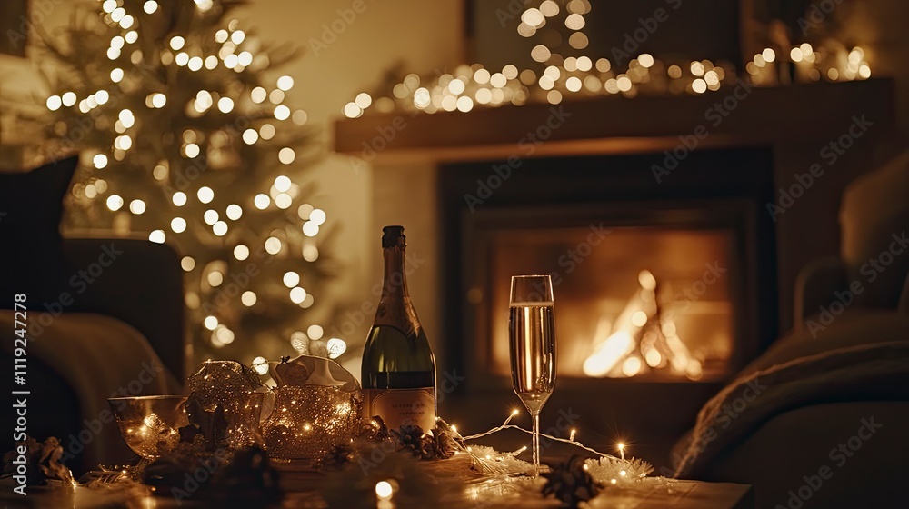 Cozy living room filled with friends gathered by the fireplace, sharing joyful moments and toasting with champagne under twinkling fairy lights. Cozy living room filled with friends gathered by the fireplace, sharing joyful moments and toasting with champagne under twinkling fairy lights.