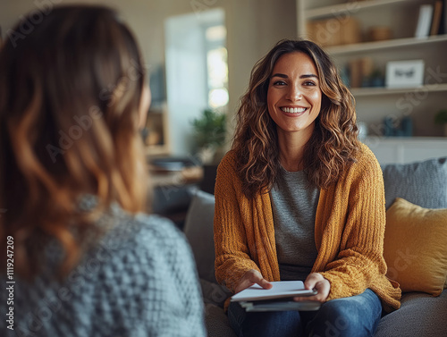 photo A medium shot of a married couple sitting on a comfortable sofa during a psychologist's appointment, the therapist sitting opposite them with a notepad in hand.