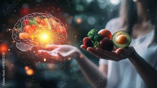 Mind diet with a person holding a healthy food item next to a glowing brain, symbolizing mental nourishment