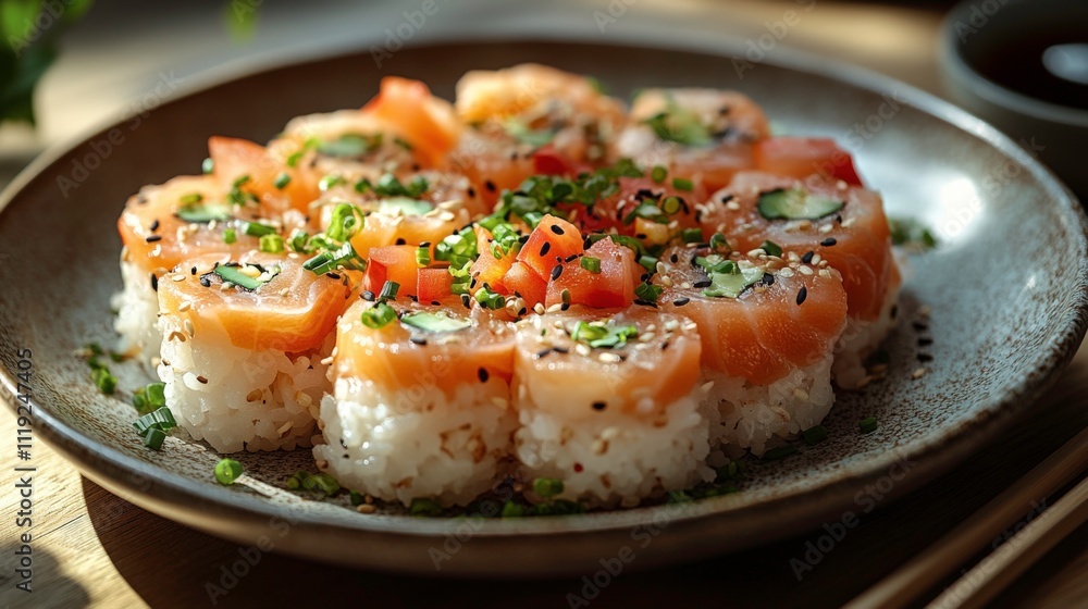 Artistic Presentation of Sushi Platter with Salmon, Tuna, and Avocado Rolls, Garnished with Sesame Seeds and Wasabi on Black Stone Plate Artistic Presentation of Sushi Platter with Salmon, Tuna, and Avocado Rolls, Garnished with Sesame Seeds and Wasabi on Black Stone Plate