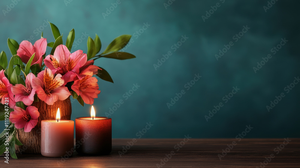 Peaceful spa scene serenity calm tranquility flowers candles vase dark teal background wood table soft glow relaxation wellness spa aromatherapy Peaceful spa scene serenity calm tranquility flowers candles vase dark teal background wood table soft glow relaxation wellness spa aromatherapy