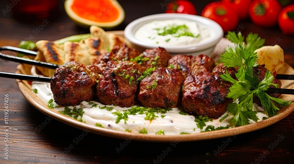 Grilled Kofta Kebab Meal with Beef and Onion. Homemade Bar-B-Q dish served on skewers with Pita, Lime, Vegetables, Sweet Chili and Yogurt sauce on white plate Grilled Kofta Kebab Meal with Beef and Onion. Homemade Bar-B-Q dish served on skewers with Pita, Lime, Vegetables, Sweet Chili and Yogurt sauce on white plate