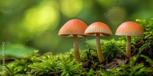 Small mushrooms emerge from the forest floor, basking in gentle sunlight, creating an enchanting and magical atmosphere all around them.