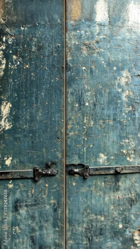 Blue weathered wooden doors with rusted metal hardware in an urban setting during daylight Blue weathered wooden doors with rusted metal hardware in an urban setting during daylight