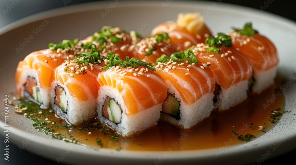 Artistic Presentation of Sushi Platter with Salmon, Tuna, and Avocado Rolls, Garnished with Sesame Seeds and Wasabi on Black Stone Plate Artistic Presentation of Sushi Platter with Salmon, Tuna, and Avocado Rolls, Garnished with Sesame Seeds and Wasabi on Black Stone Plate