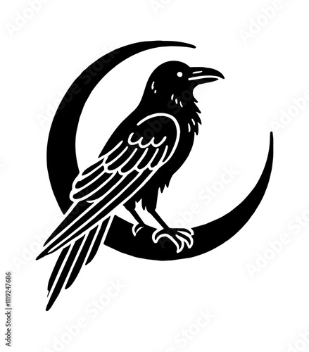 crow moon engraving black and white outline