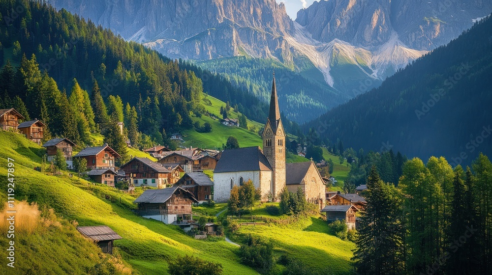 Fototapeta premium Picturesque Alpine Village Nestled in Majestic Mountains