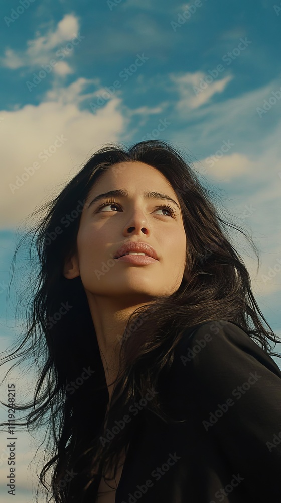 A woman with dark hair looks upwards against a backdrop of a clear, vibrant sky, exuding serenity and introspection. A woman with dark hair looks upwards against a backdrop of a clear, vibrant sky, exuding serenity and introspection.