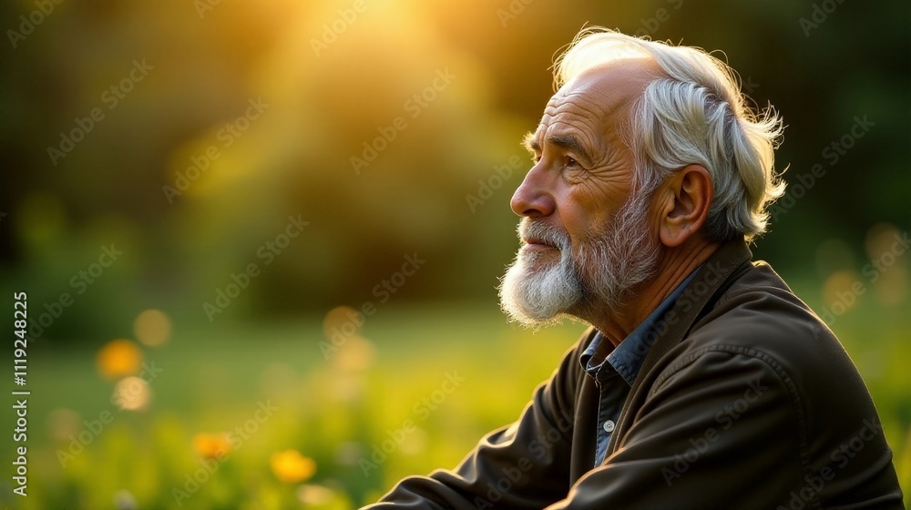Contemplative Elderly Man Gazing at Nature During a Serene Sunset in the Park Contemplative Elderly Man Gazing at Nature During a Serene Sunset in the Park