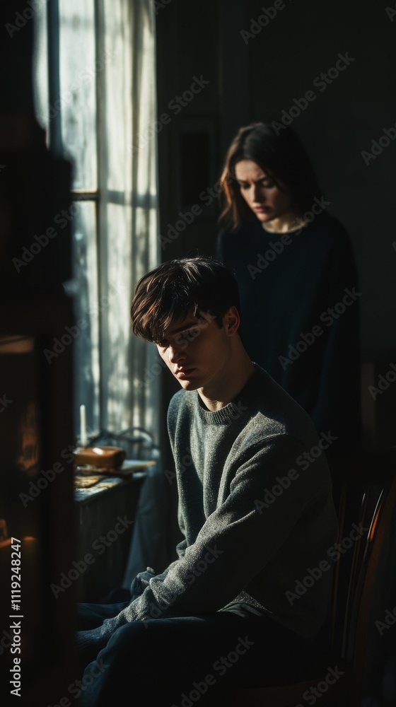 A thoughtful man and woman in a dimly lit room, evoking a sense of contemplative emotion and introspection. A thoughtful man and woman in a dimly lit room, evoking a sense of contemplative emotion and introspection.