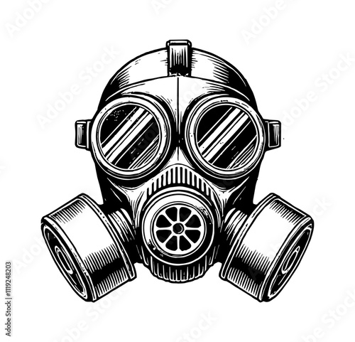 gas mask engraving black and white outline