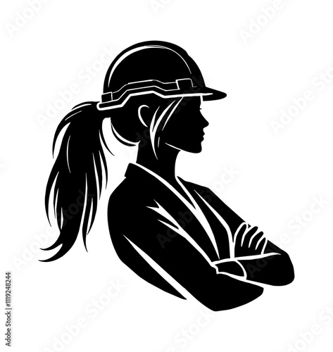 woman worker helm silhouette engraving black and white outline