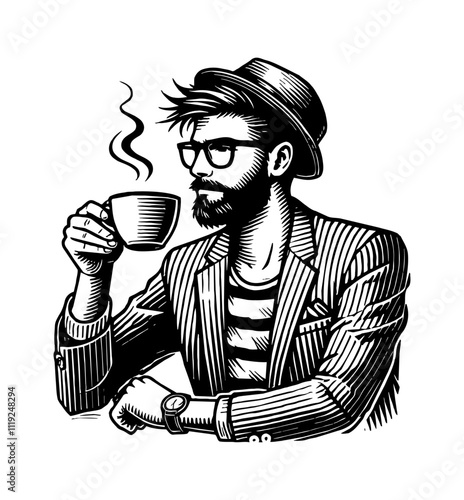 hipster man drinking coffee in cup engraving black and white outline