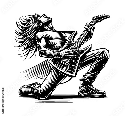 rockstar kneeling on one leg while playing an electric guitar engraving black and white outline