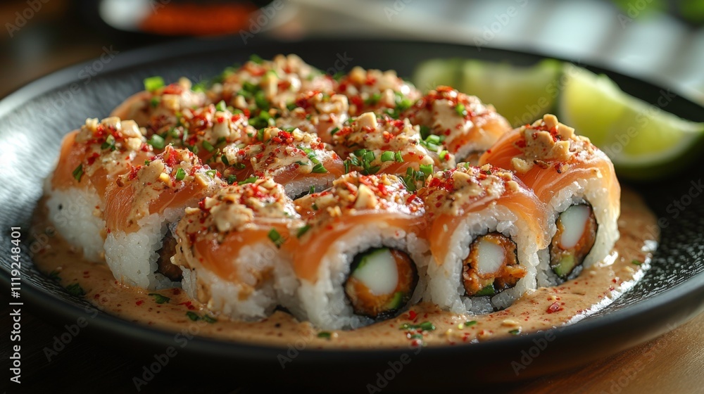 Artistic Presentation of Sushi Platter with Salmon, Tuna, and Avocado Rolls, Garnished with Sesame Seeds and Wasabi on Black Stone Plate Artistic Presentation of Sushi Platter with Salmon, Tuna, and Avocado Rolls, Garnished with Sesame Seeds and Wasabi on Black Stone Plate
